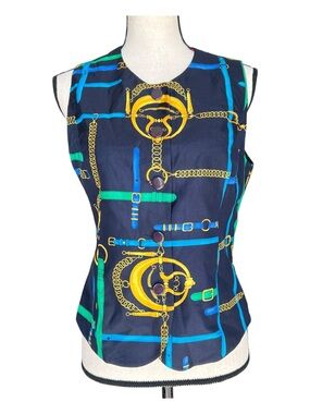 Laurel Navy Sleeveless Chain & Belt Print Blouse Size 38 (US 8)